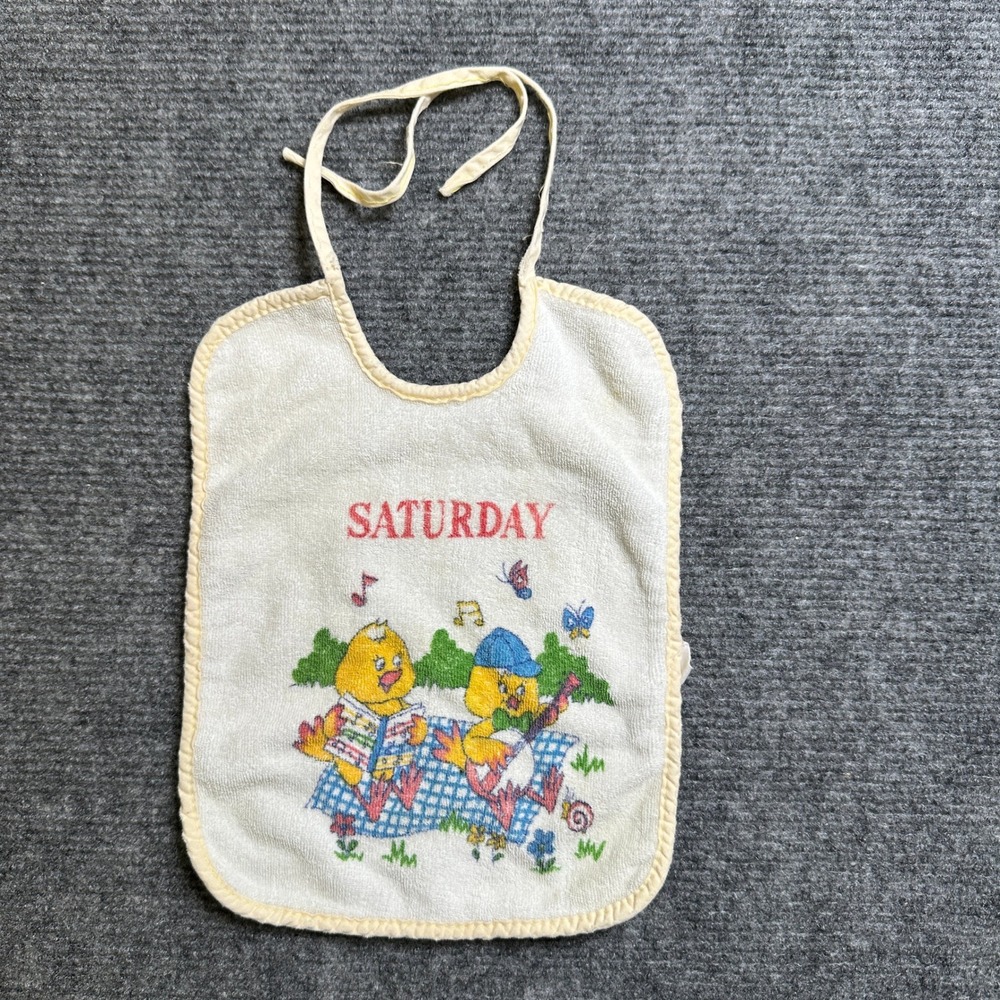 Vintage Saturday Picnic Chicks Terry Cloth Baby Bib Yellow White Tie Neck